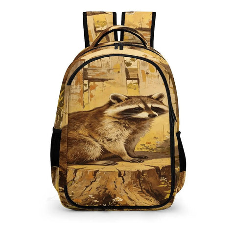 Raccoon Printed Unisex Backpack With Large Capacity, Durable Polyester Daypack featuring raccoon image and smooth zipper.