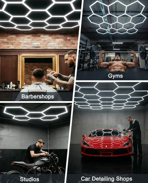 Visualization of Six Sided LED Garage Light With Five Grid Panels Hella Bright 26520 Lumens in various settings like barbershops and gyms