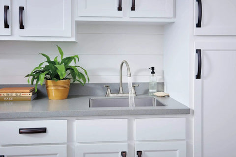 Parkwood Two Handle Kitchen Faucet Deck Mount in Stainless with Aerated and Spray Options, ADA Compliant, 3 Hole 8 Inch Install