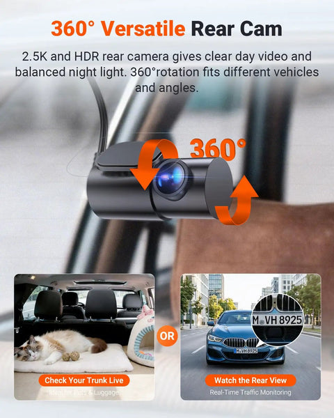 Close-up of dash cam showing 360° rotation capability for versatile rear view. Feature of N4S 3 Channel Dash Cam With 2.7K Front, 1440P Interior And 1440P Rear Video, 158 Front 165 Cabin 160 Rear Wide Angles, STARVIS 2 Night Vision HDR PlatePix Tech Parking Mode Wi Fi GPS 2 Inch IPS Display Supports 1TB.