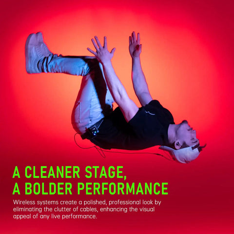 Performer jumping on stage using U4 Wireless In-Ear Monitor System For Studio And Live Gigs, Beltpack Receiver And Transmitter