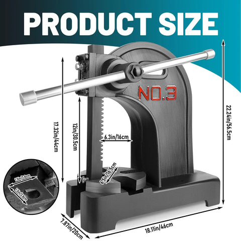 Heavy Duty Arbor Press Featuring 3 Ton Capacity And 12 Inch Stroke For Precision Leather Stamping, side view with dimensions marked.