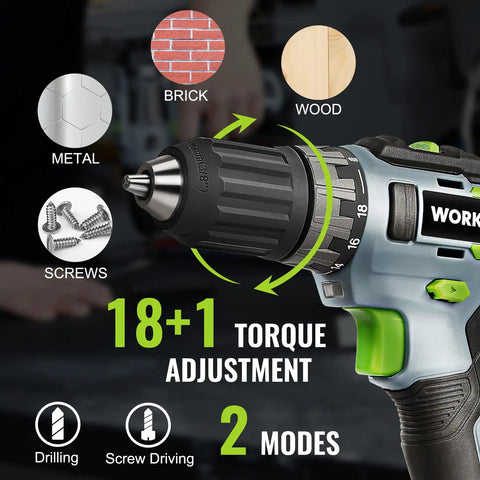 Close-up of 20V Cordless Power Drill Driver Kit with keyless chuck, showcasing torque settings for drilling and screw driving modes.