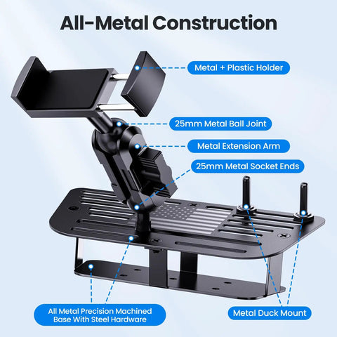 Heavy Duty Metal Phone Mount For Jeep Wrangler JK JKU 2011 To 2018 Dash Holder With Duck Mounts System Kit showcasing metal joints