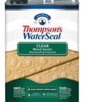 Top Shelf Exterior Wood Sealant For Concrete Brick And Masonry Waterproofing One Gallon, clear wood sealer can with water drops.