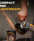 Tough As Nails 4.5 Inch Plug And Play Corded Angle Grinder cutting metal with sparks, featuring 900 watt motor.