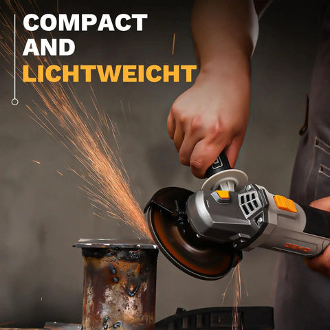 Tough As Nails 4.5 Inch Plug And Play Corded Angle Grinder cutting metal with sparks, featuring 900 watt motor.