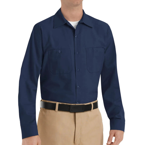 Men's Regular Fit Long Sleeve Industrial Work Shirt In Solid Navy With Slick Moisture Wicking Fabric And Quick Dry Tech on a model.