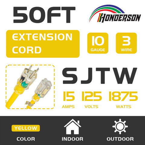 Weatherproof Indoor Outdoor Extension Cord With Lighted End UL Listed 10 Gauge 50ft Yellow Three Prong Heavy Duty SJTW