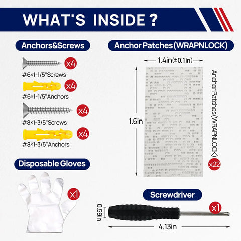 Contents of Fast Fix For Loose Drywall Anchors Without Filling Or Redrilling This Complete Repair Kit Includes 22 Patches Plus Screws, Anchors, Screwdriver, and Gloves