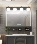 Slick Matte Black 4 Lights Bathroom Vanity Light Fixtures With Milky Glass Globes above modern mirror in elegant bathroom setting