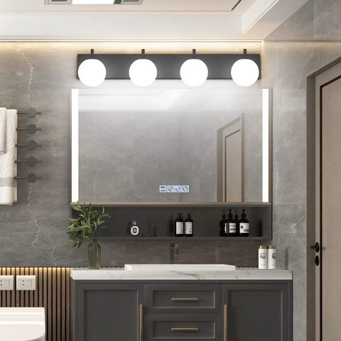 Slick Matte Black 4 Lights Bathroom Vanity Light Fixtures With Milky Glass Globes above modern mirror in elegant bathroom setting