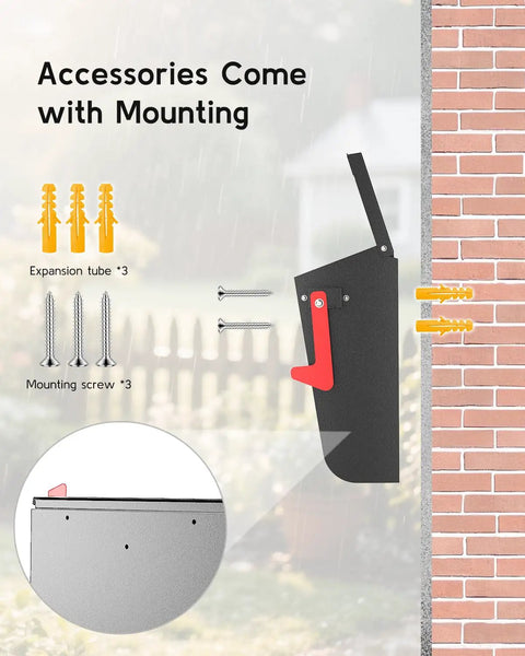 Heavy Duty Wall Mount Mailbox With Flag For Outdoor Use, instructions and mounting accessories shown in illustration