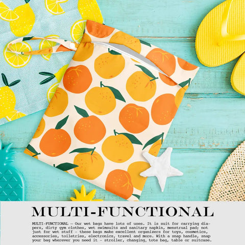 Waterproof Wet Bag For Swimsuits And Travel, Large 26x32 Cm With Handle, Reusable Beach Diaper, Orange Strawberry Print