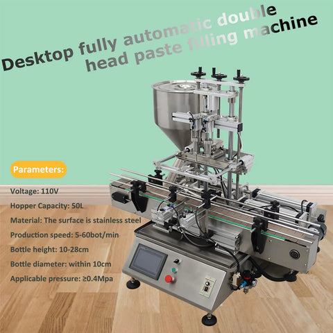 Heavy Duty Automatic Paste Filling Machine With Integrated Conveyor Belt And Dual Piston Nozzles 50L Hopper on a desktop surface.