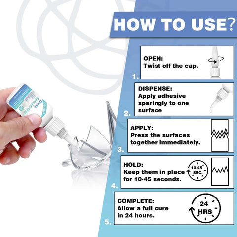 Step-by-step guide using 30g Glass Glue That Delivers A Fast, Rock Solid Bond For Glass, Acrylic, Mirror And More, Waterproof, Dries Clear, Quick Cure, Ideal For Crafting, Jewelry, Rhinestones, Crystals, Glasses And DIY Projects shown in hand applying to glass pieces