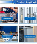 Four images showing applications for 1020 Piece Black Nuts and Bolts Set with 21 Sizes M2 M3 M4 M5 Phillips Flat Head Screws.