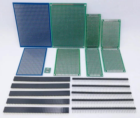 Prototyping PCBs and connectors from Ultimate Electronics Components Grab Bag Kit With ICs Op Amps Resistors Polyester Capacitors LEDs