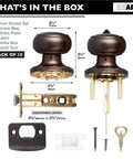 Privacy Door Knobs For Bedroom And Bathroom Ball Style Oil Rubbed Bronze With Keyless Turn Thumb Lock Interior Round Handles Locking Privacy Set For Home Durable 10 Pack shown with components and measurements