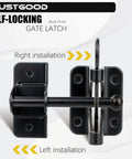 Tough As Nails Automatic Gate Latch For Outswinging Pool And Garden Fences Self Locking Metal Design Rust Resistant Build No Fuss Push Pull Operation Black showing installation options.