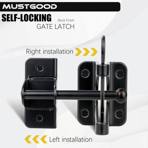 Tough As Nails Automatic Gate Latch For Outswinging Pool And Garden Fences Self Locking Metal Design Rust Resistant Build No Fuss Push Pull Operation Black showing installation options.