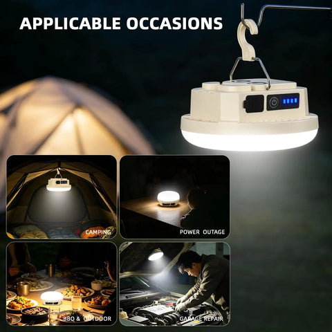 Beefy 3000LM Rechargeable Camping Light With Magnetic Hanging Hook displayed in various outdoor and indoor settings
