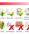 Surface compatibility guide for Rad Steam Train Locomotive Wall Decal showing suitable and unsuitable material types.