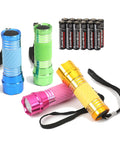 Four Pack High Power Glow In Dark Mini LED Flashlights Aluminum Body in various colors with batteries, portable emergency lamp.