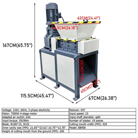 WYDDDARY biaxial shredding machine, front view; 19 blades, 7500W motor, hopper, 220V