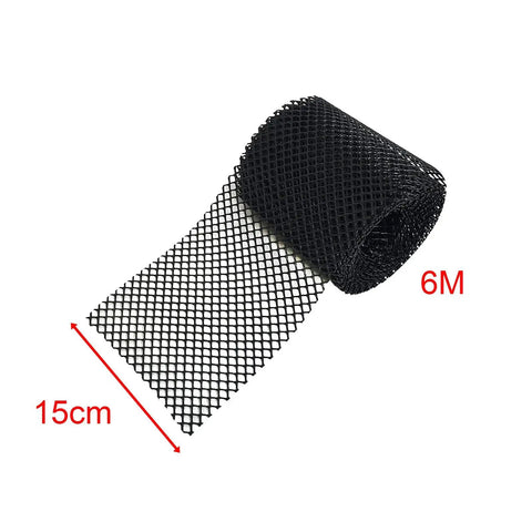 Leaf Guard Mesh Gutter Protector Screen For Outdoor Home And Roof Multipurpose DIY Friendly Shield To Prevent Clogs And Overflow Easy Cut To Fit Gutters Patio And Garden Coverage, black mesh roll, dimensions 15cm x 600cm, flat view