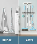 Before and after using Wall Mount Mop Broom Organizer Rack With Four Slots And Four Hooks Heavy Duty Metal Tool Organizer for storage.