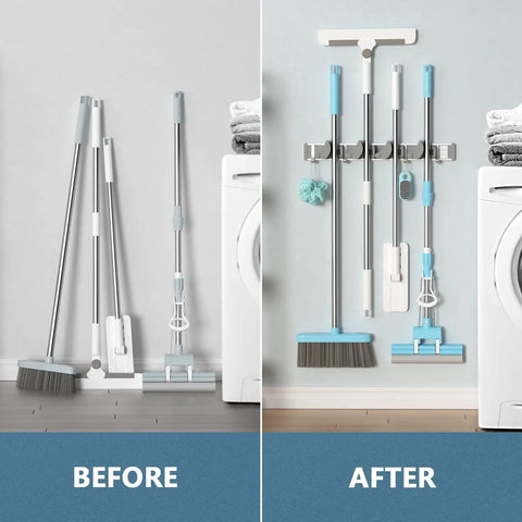 Before and after using Wall Mount Mop Broom Organizer Rack With Four Slots And Four Hooks Heavy Duty Metal Tool Organizer for storage.
