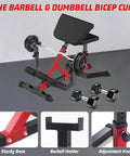 2 In 1 Roman Chair And Preacher Curl Bench For Home Gym, Heavy Duty Workout Equipment Black with barbell holder and dumbbells