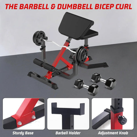 2 In 1 Roman Chair And Preacher Curl Bench For Home Gym, Heavy Duty Workout Equipment Black with barbell holder and dumbbells