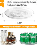 Large 13 Inch Lazy Susan Cabinet Organizer Two Pack Non Slip Clear Turntable Storage Tray For Pantry Kitchen Countertop And Bathroom Space Saving Easy Reach Rotating Organizer For Cabinets And Shelves with measurements and product use examples.