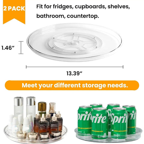 Large 13 Inch Lazy Susan Cabinet Organizer Two Pack Non Slip Clear Turntable Storage Tray For Pantry Kitchen Countertop And Bathroom Space Saving Easy Reach Rotating Organizer For Cabinets And Shelves with measurements and product use examples.