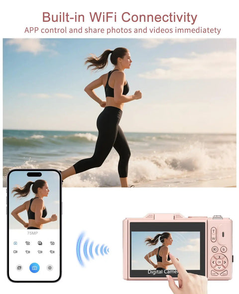 5K 75MP Autofocus Vlogging Camera With WiFi And 64GB Card Included 180 Degree Flip Screen capturing a jogging scene