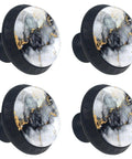 Four Pack 1.37 Inch Round Cabinet Knobs With A Slick Marble Texture Black Finish Kitchen Cupboard Handles, featuring smooth glass tops.
