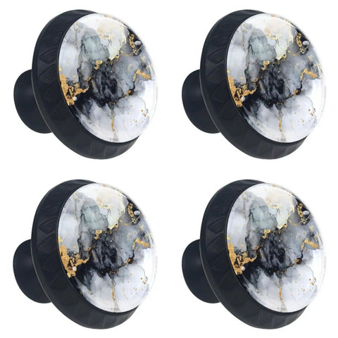 Four Pack 1.37 Inch Round Cabinet Knobs With A Slick Marble Texture Black Finish Kitchen Cupboard Handles, featuring smooth glass tops.