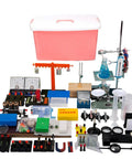 Solid Gear 86 Piece High School Physics Lab Kit Bundle For Optics Electromagnetism Mechanics And Thermal Science Exploration With Pressure Gauge And Electromagnet Experimenter Tools displayed with various experiment tools on a table.