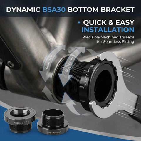 30mm External Bottom Bracket For 30mm Cranks Compatible With Rotor And Race Face shown with wrench for easy installation on road bikes