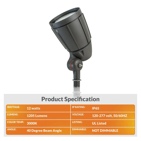 Bronze 12W Outdoor LED Flood Light Weatherproof Exterior Fixture With Adjustable Mounting Bracket Energy Efficient