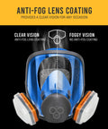 Full Face Respirator Mask With Organic Vapor Filters And P2 Dust Filters, RF-610, front view showing anti-fog lens coating.