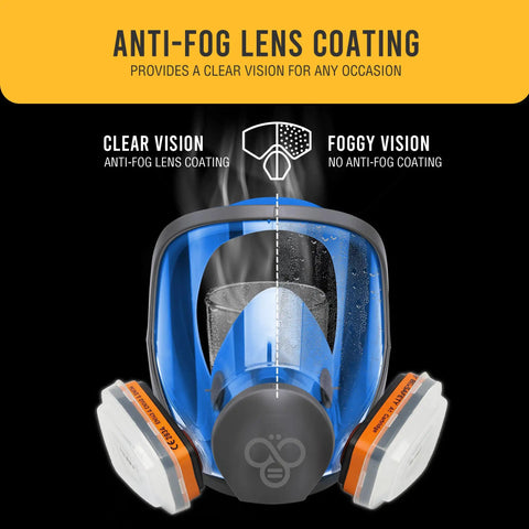 Full Face Respirator Mask With Organic Vapor Filters And P2 Dust Filters, RF-610, front view showing anti-fog lens coating.