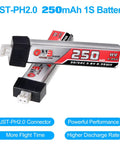 6 Pack 250mAh 1S LiPo Battery 3.8V LiHV 30C To 60C With JST PH Connector Micro Drone Power for Tinyhawk and Mobula7 FPV Drones