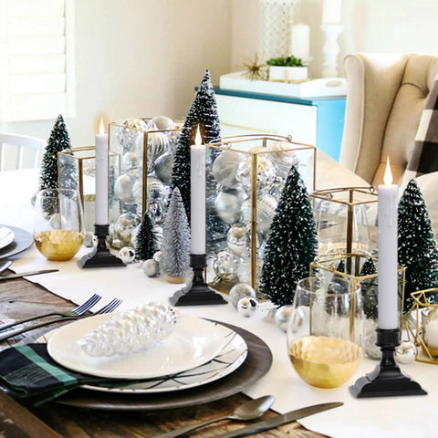 Eight Flameless Taper Candles With Remote Controls and Timer, Battery Operated LED with Real Wax Look on Christmas Table