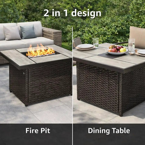 43 Inch Outdoor Gas Fire Pit Table With 60,000 BTU Propane Heat, CSA Safety Approved with wicker base and ceramic top.