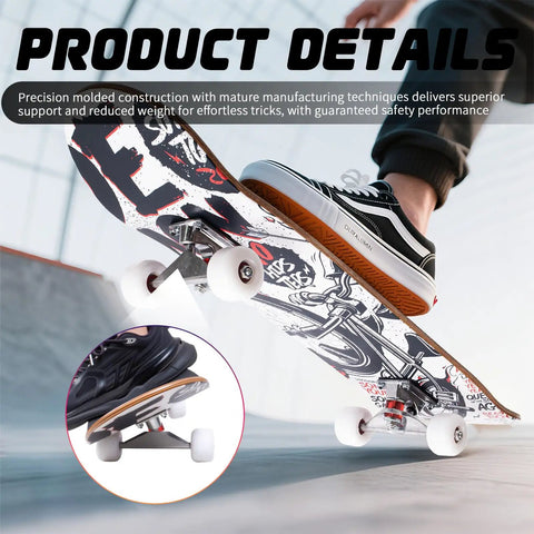 Double Kick 31-Inch Maple Deck Skateboard With ABEC-9 Bearings And 95A PU Wheels, action view with foot on deck.