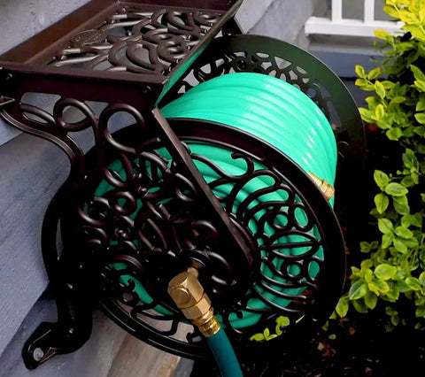 Decorative Cast Aluminum Wall Mount Garden Hose Reel Holds 125 Feet Of Five Eighths Inch Hose Bronze Finish Weather Resistant Non-Rust