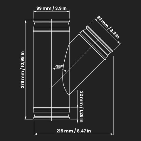 Diagram of Beefy 4 Inch Duct Splitter With 45 Degree Branch, 4x4x4 Spiral Wye Connector detailing dimensions and angles.